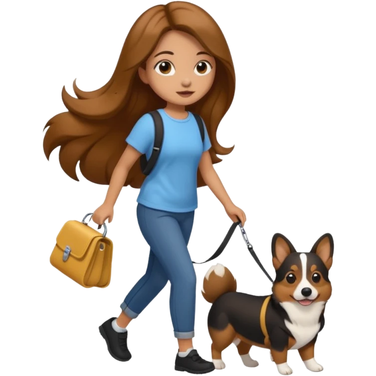 Burnette Girl with long hair Walking a black corgi  emoji