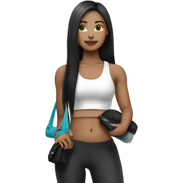 a white color skinned woman with black long straight hair wearing a workout set and carrying  a designer purse on her hand  emoji