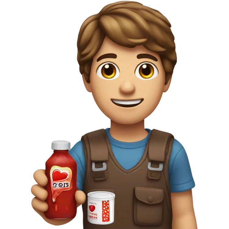 Brown haired boy holding a ketchup packet with red heart eyes  emoji