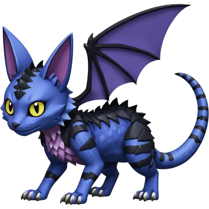 midnight blue-gray-black, scaley scaly batty feline-like quadrupedal digitigrade furry feral Bastet-Noibat-Gatomon-Garchomp-Digimon-Fakémon-Pokémon-creature (full body) emoji