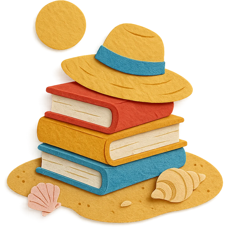illustration of a stack of books on a sandy beach, with seashells and a sun hat, paper-craft style emoji