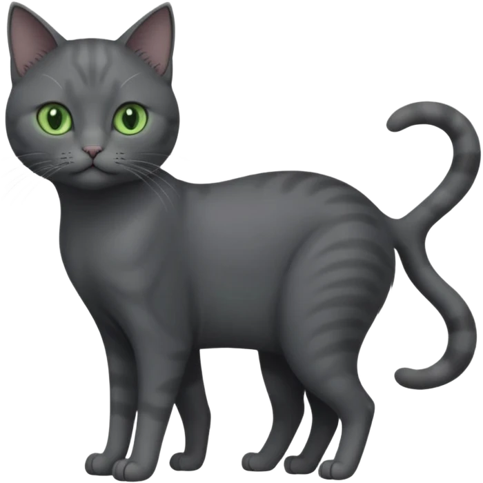 full body view of beautiful female solid dark grey cat with green eyes, grey face, white toes/paws and small white patch on her chest emoji