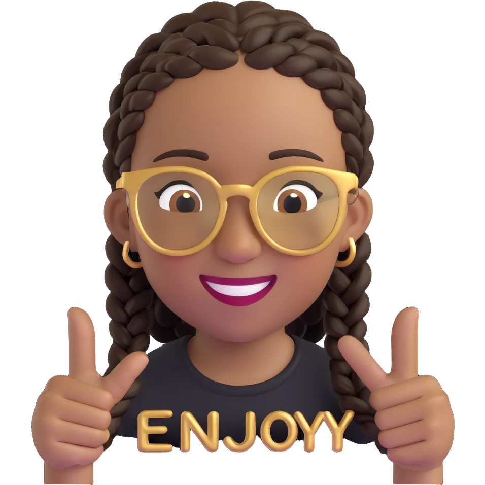 3D emoji of a person with braids, gold glasses, happy relaxed face, 'Enjoy' style emoji