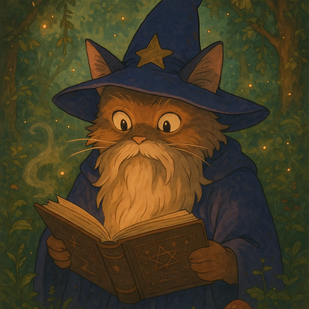 A cat wizard with a long beard reading a spellbook, mystical atmosphere emoji