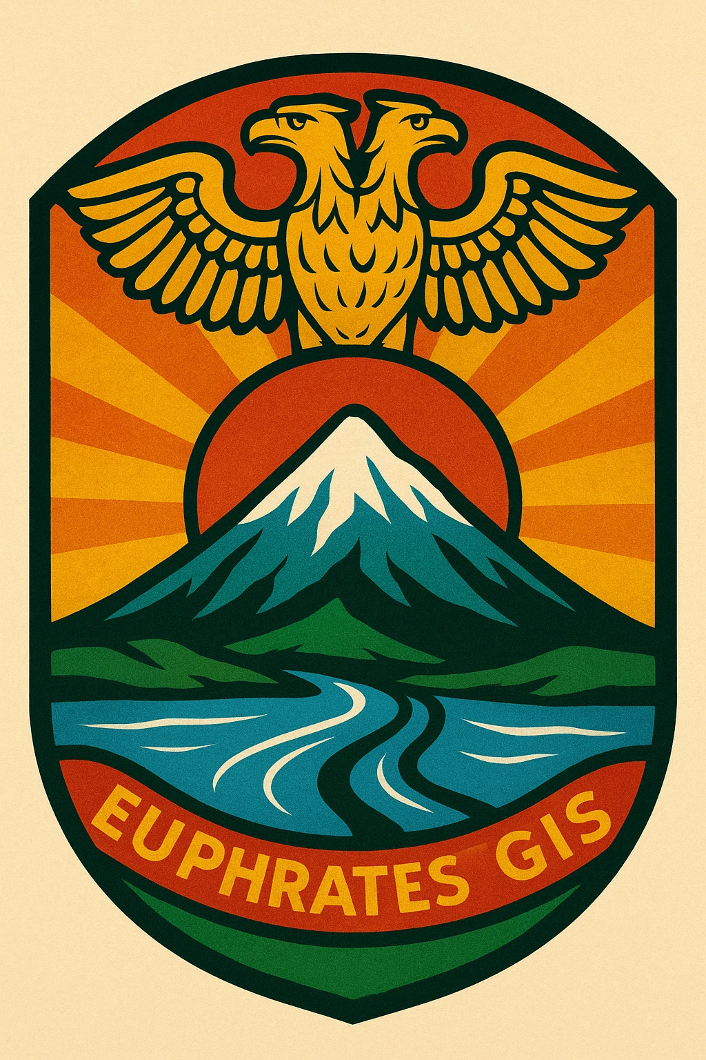 A stylized emblem showing a snowy mountain atop another mountain, a double-headed eagle with one head facing left, two rivers named Euphrates and Tigris flowing below the mountain, the sun in the background, with yellow, red, and green as the main colors. emoji