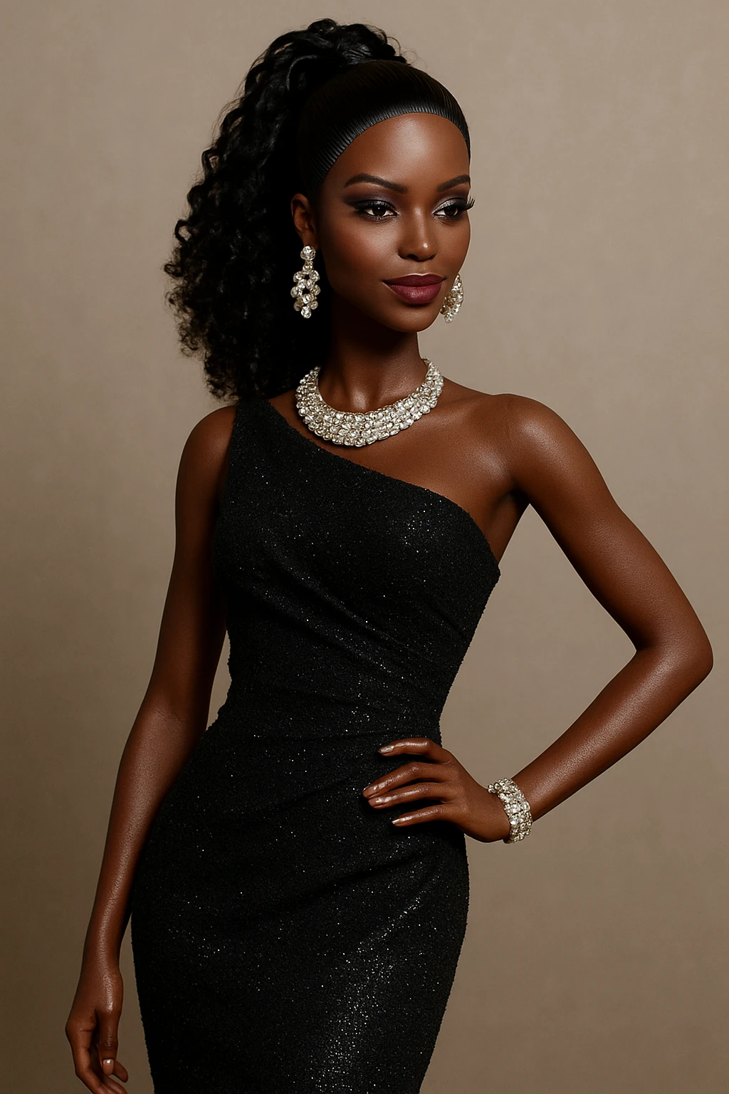black barbie doll, elegant dress, confident pose, sparkling accessories, modern style emoji