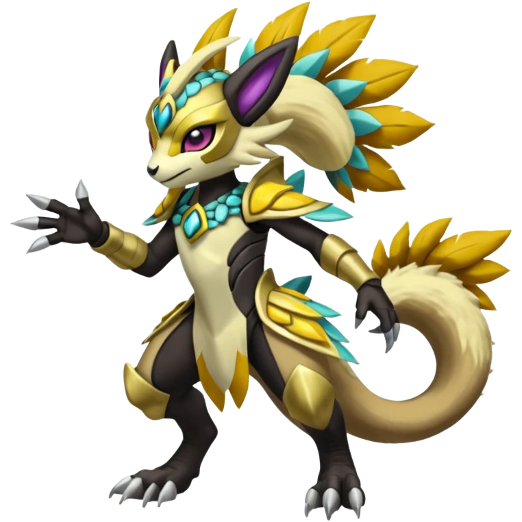 Colorful masked armored leathery scaly furry Meloetta-Manectric-Solgaleo-Raikou-Pokémon-Digimon-Fakémon-fusion-hybrid-creature emoji