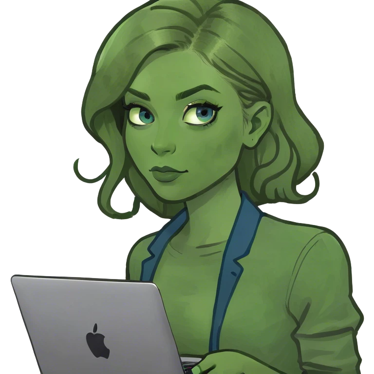 White skin girl with blue eyes, and dark blonde hair working with Mac  emoji