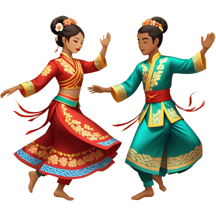 Cinematic Realistic scene of two performers executing a traditional Vietnamese folk dance, adorned in intricately patterned traditional costumes, captured in fluid motion with soft, culturally rich lighting emoji