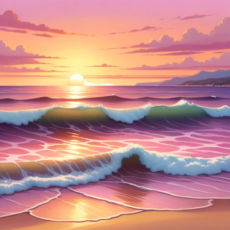 A tranquil seascape with warm-toned waves gently crashing onto the shore, bathed in the golden hues of a sunset. The sky is painted in vibrant oranges and pinks, with a serene, peaceful atmosphere and a distant horizon that adds depth to the beautiful scene. emoji