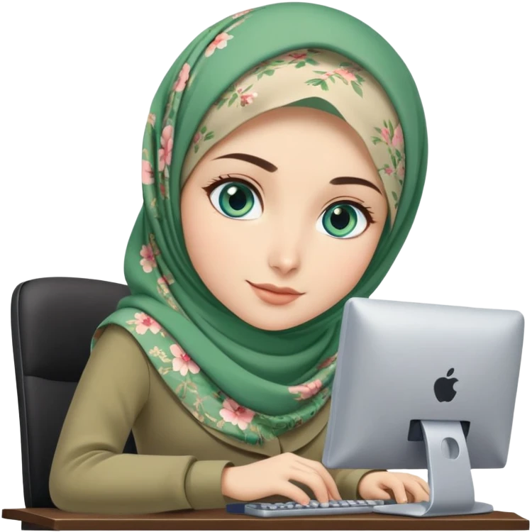 Turkish beautiful finish Konya girl blue eyes and green khaki floral hijab and dress and she work on office with computer emoji