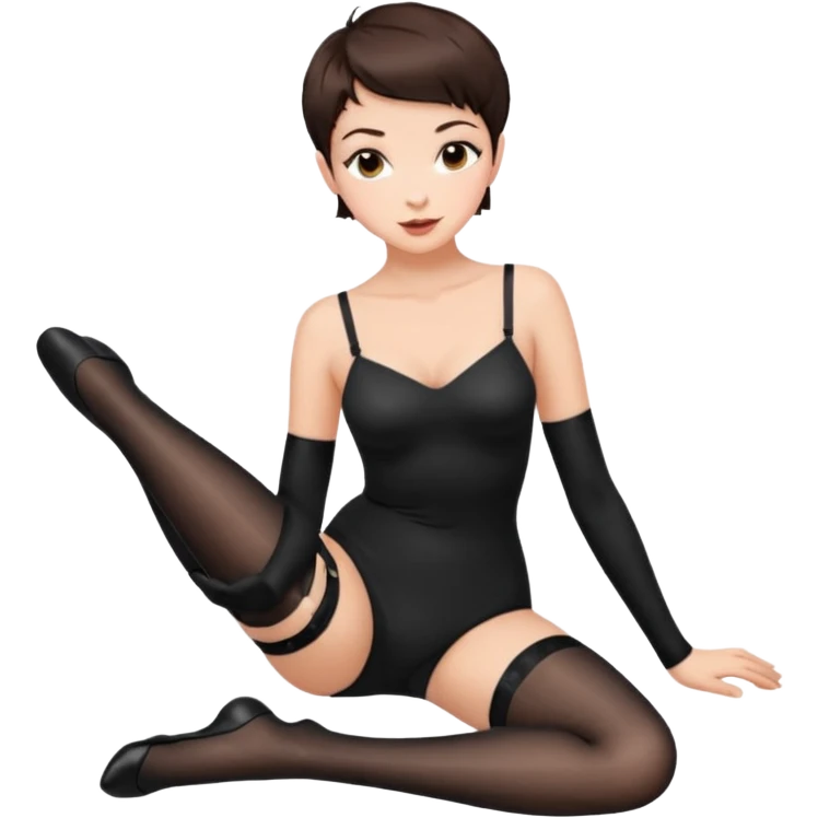 Buxom brunette pixie hair intimate sfw black nylon stocking pose emoji