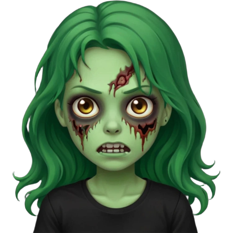 crie um emoji de uma garota zoombie pele verde e cabelo castanho e longo , assustadora e fofa com cabelo ondulado 2b e camiseta básica preta emoji