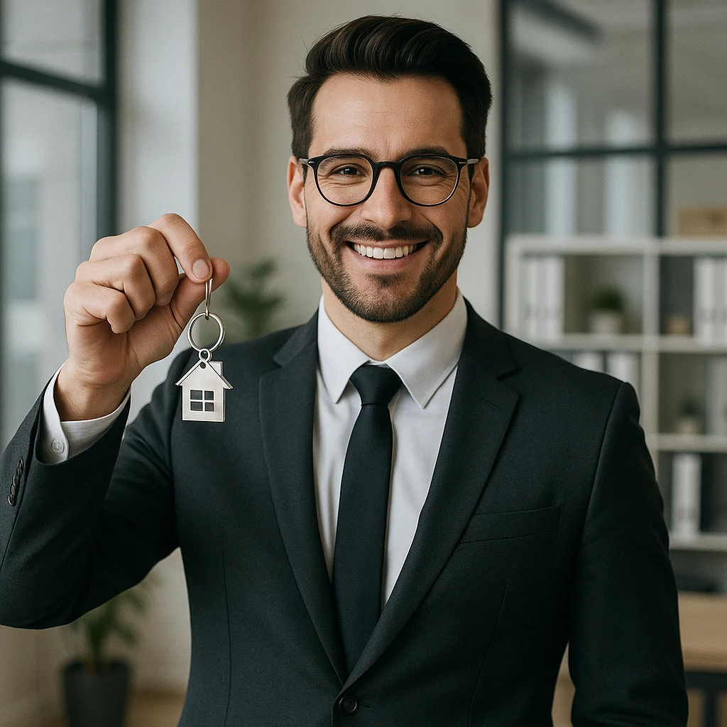 modern real estate agent wearing a suit, holding a house key, smiling, professional environment emoji