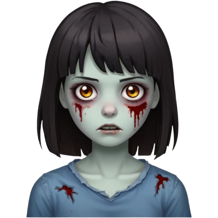zombie 🧟‍♀️+👩🏻= girl dark hair long her shoulders bangs and ragged haircut gray eyes emoji