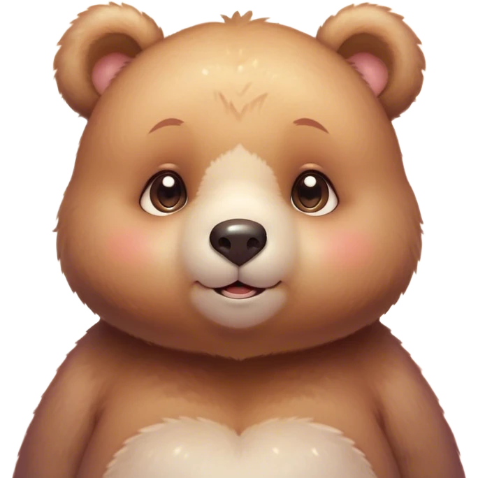 Cinematic cute soft bear, chubby round face, tiny ears, warm fuzzy fur, blushing cheeks, sparkling kind eyes, soft glowing background, heartwarming and huggable. emoji