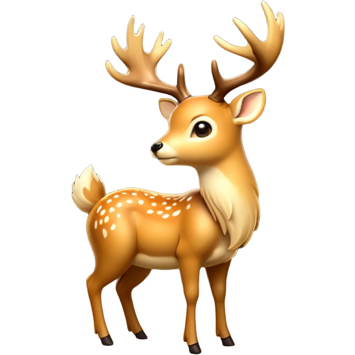 cinematic-[deer]-realistic-full-body-standing on all fours-emoji,-tail-tucked-close,-head-tilted-dramatically,-sleek-[fawn]-fur,-simplified-yet-realistic-focused-features,-highly-detailed,-glowing-with-an-almost-sarcastic-glow big antlers emoji