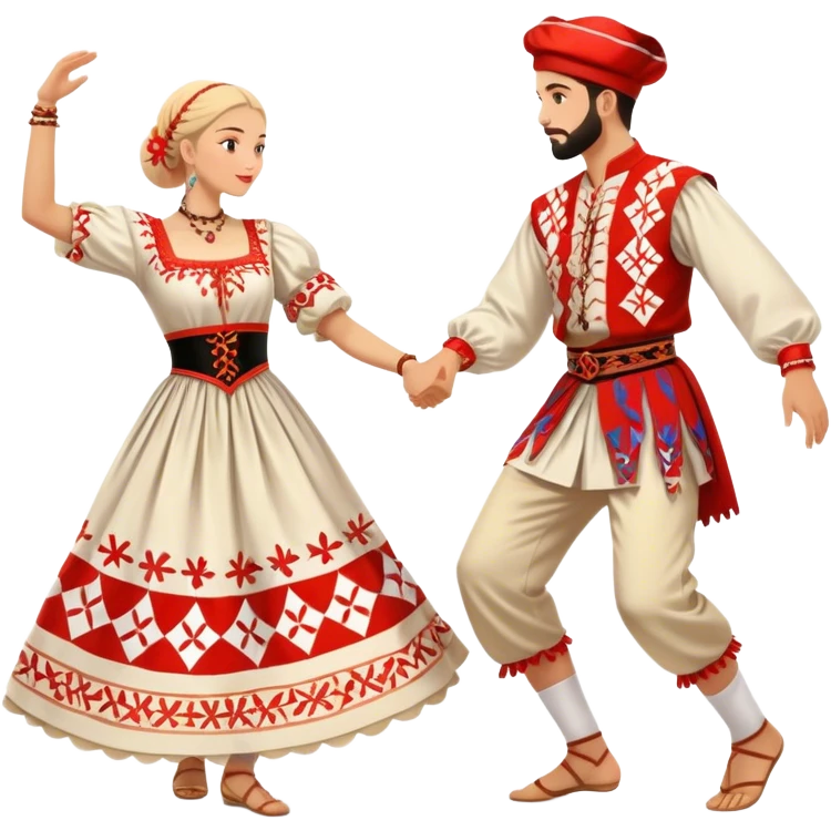 Cinematic Realistic scene of two performers engaging in the Croatian Linđo folk dance, adorned in vibrant traditional costumes with intricate patterns and accessories, captured in graceful, synchronized motion under festive natural lighting. emoji