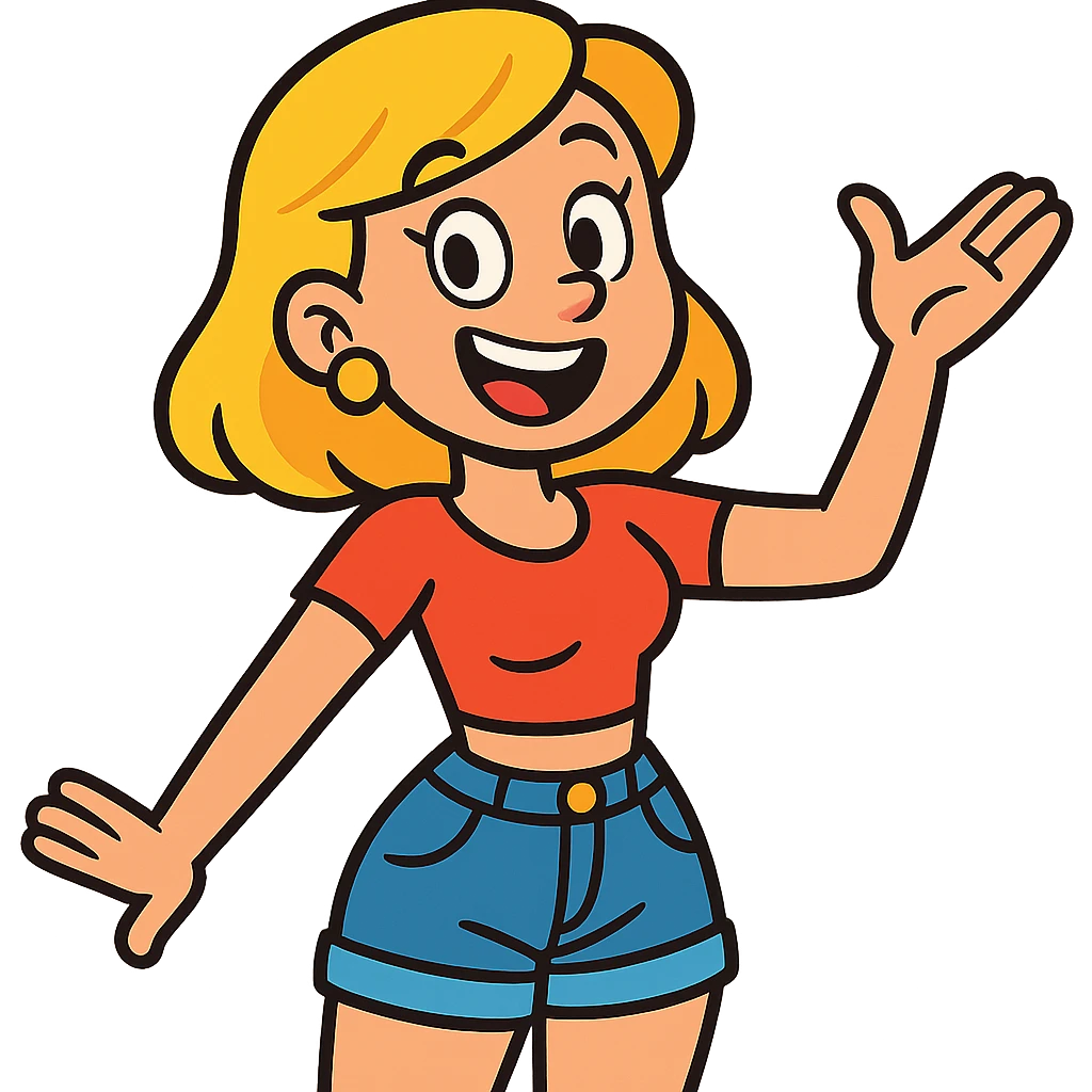 cartoon-style blonde woman with gold earrings, a crop top shirt, and jean shorts, looking cheerful, vibrant toon style, colorful, cheerful emoji