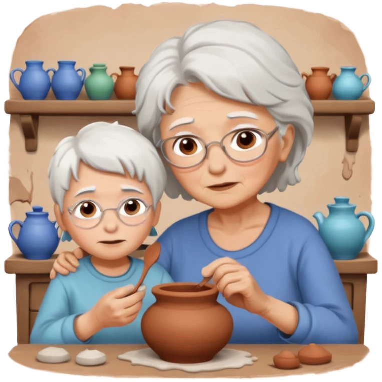 grandma with white hair and kid with brown hair doing potery emoji