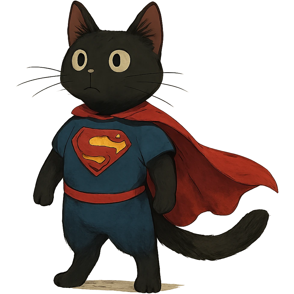 ghibli style super man cat with black fur emoji