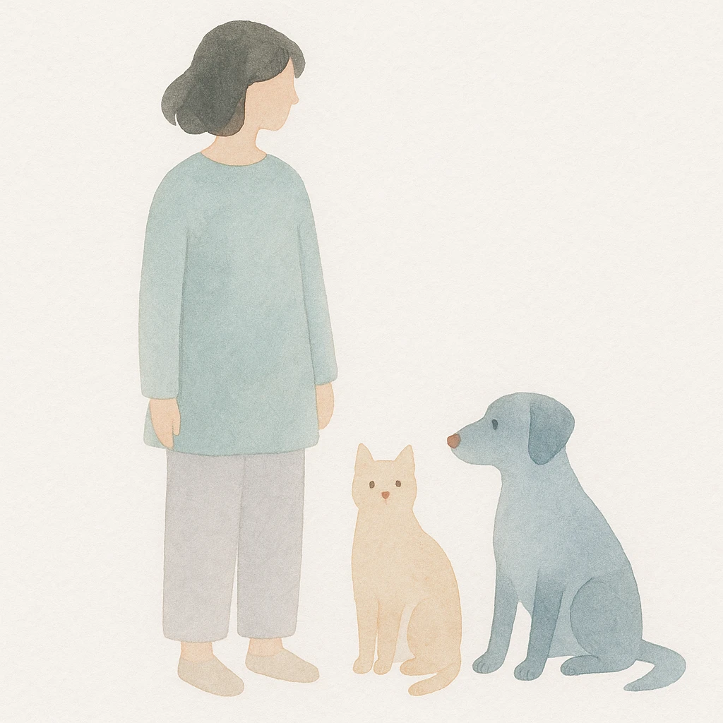 a woman standing with a cat and a dog near her on the right side, watercolor art style illustration emoji