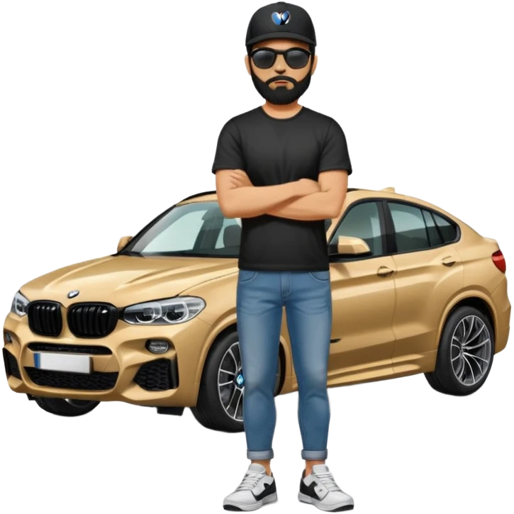 A man with black hair and beard standing next to his grey BMW X4 M competition. He has his arms crossed and he is wearing plain tshirt, jeans and sneakers, and sunglasses and a black baseball cap on emoji