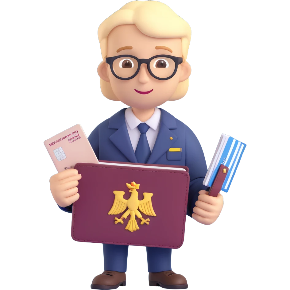 3D style inclusive neutral character with a passport and subtle German symbolism, suitable for all users, app icon emoji