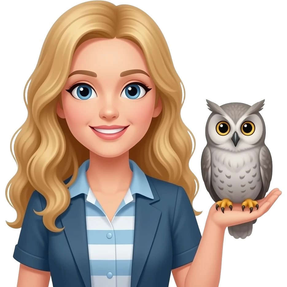 a teacher with long wavy blond hair with an grey owl on the right hand emoji