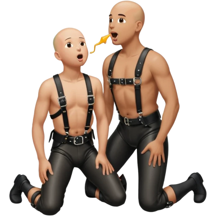 a bald man on his knees and a black leather harness, his tongue out, looking up next to a standing man in leather pissing into the kneeling man’s mouth emoji
