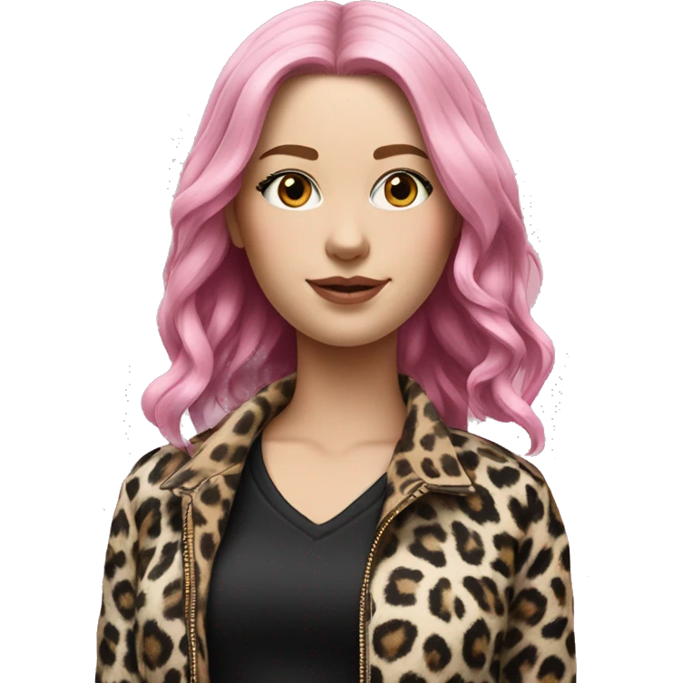Hyperrealistic WHITE GIRL WITH BLACK AND PINK HAIR AND A JACKET OF LEOPARD AND BLACK SHIRT  emoji