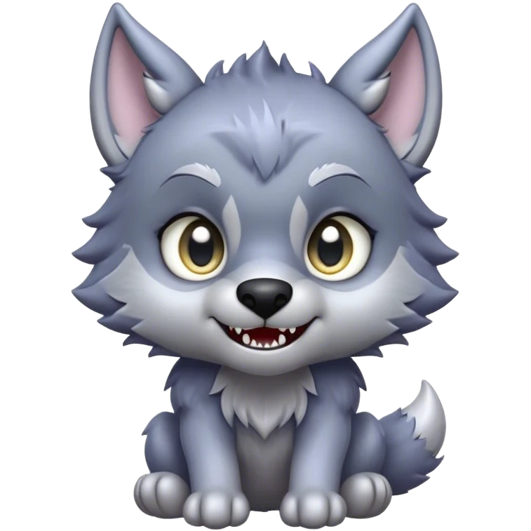 Cinematic Cute Werewolf Portrait Emoji, with a cuddly, miniature lupine form in soft moonlit grays and silvers, featuring oversized sparkling eyes and a sweet, endearing snarl, simplified yet irresistibly adorable, highly detailed with a gentle glowing outline that captures the playful, heartwarming essence of a little werewolf! emoji