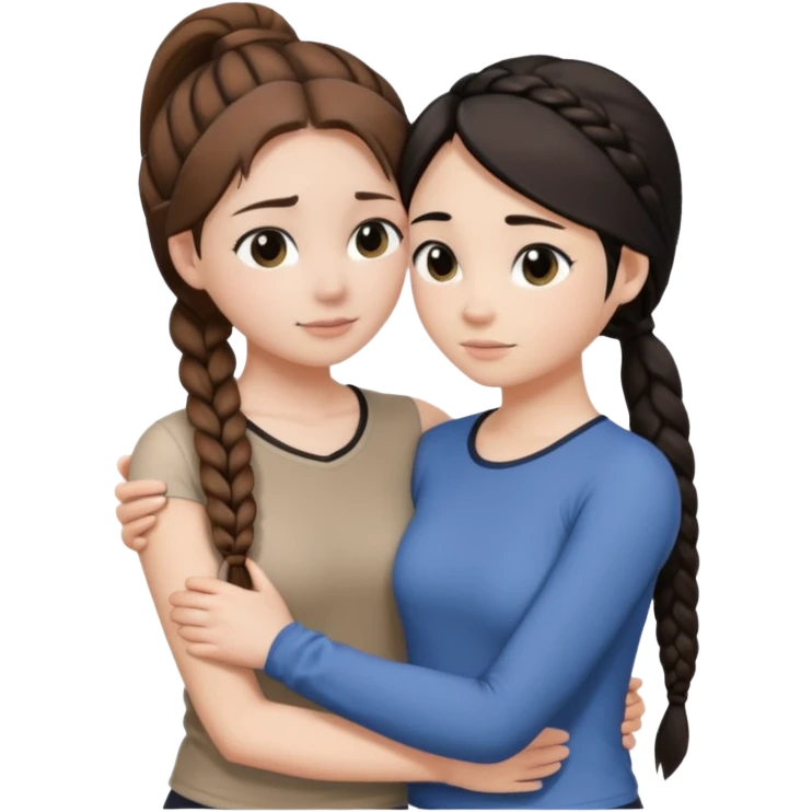 Comforting Hug two white skin women, one shorter woman with brown hair in simple top ponytail, not braided, and one taller woman with black hair in long side braid emoji