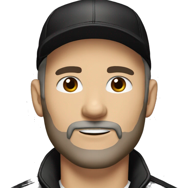An adult white skin portrait of male with stubble and a slightly gray beard, brown hair, black eyes, wearing a black Reebok cap with a round emblem on his head, and a black leather jacket. emoji