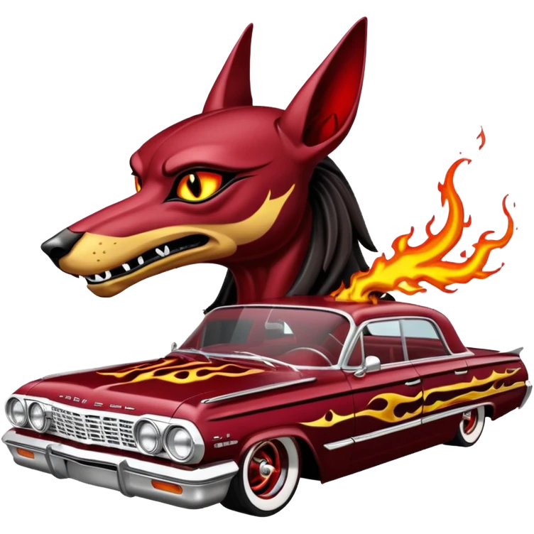 Satans Hot rod custom 1964 impala low rider four door Anubis theme painted hood flaming side-pipes driving straight to hell  emoji
