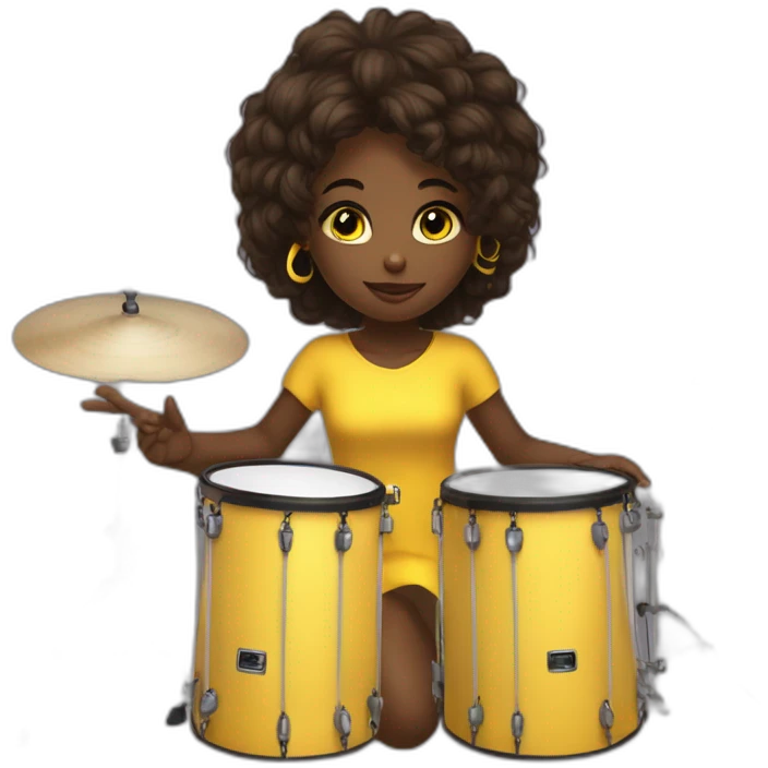 cute girl in yellow dress dark skin with yellow eyes and dark curvy hairs plays on drums emoji