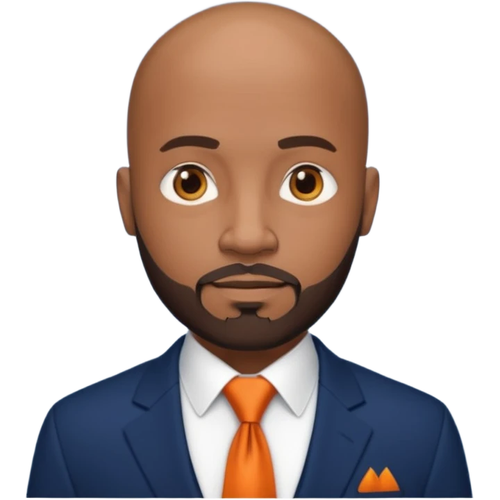 headshot of a sophisticated, stylish, bald head Caribbean black man with a beard and goatee in a navy blue suite, white shirt and dark orange tie emoji