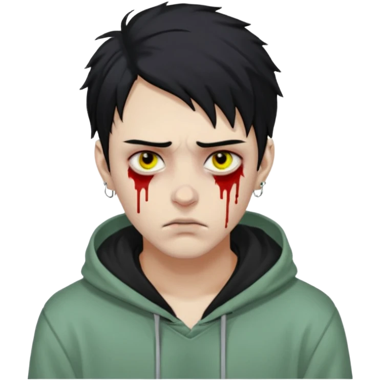 WhatsApp-style zombie emoji, young man, pale green skin, yellowish eyes with dark circles, messy black hair, blood tears, silver eyebrow piercing, nose ring, hoodie, realistic facial features, defined jawline, straight eyebrows, serious expression emoji