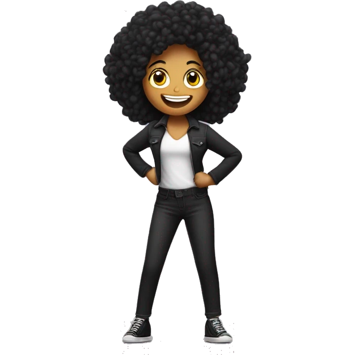 mulher pequena, cor branca, de calça preta e blusa preta com detalhe prateado ,cabelo longo preto, dançando e cantando com o microfone na mão escrito Alê emoji