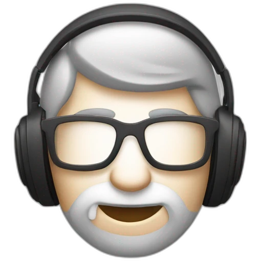 Un visage d’un homme blanc, cheveux châtain avec une barbe bien taillée des lunettes de vue, coiffé en arrière et un casque audio emoji