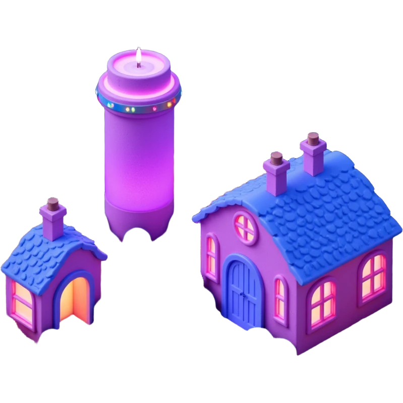 Exterior view of a whimsical jungle farm with cookie-factory-style buildings glowing in purple and blue neon lights, surrounded by lush vegetation, wheat fields and glowing vegetables, surreal atmosphere, no robots, emoji-style emoji