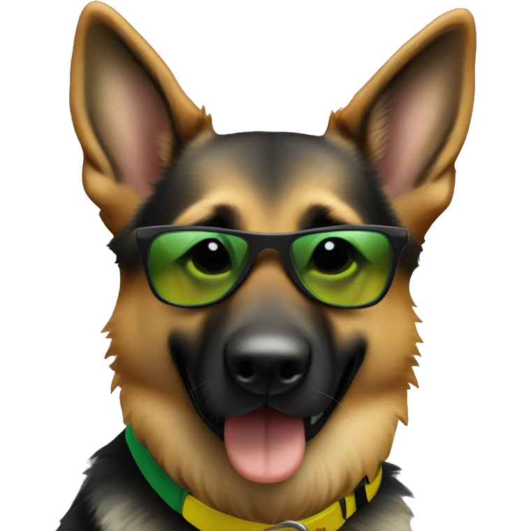 Slim weak german shepherd with green-yellow belt and full black sunglasses and hair colour gray and a little brown near mouth emoji
