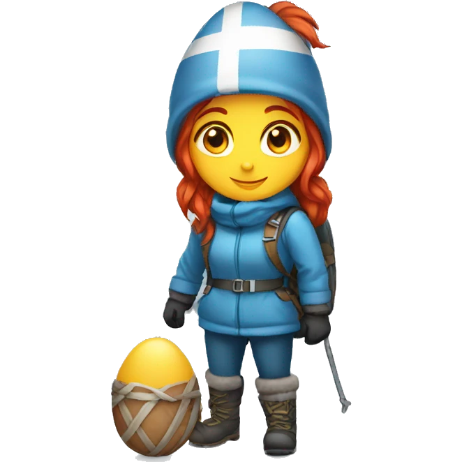 female winter mountaineer red hair with greek flag and easter egg emoji