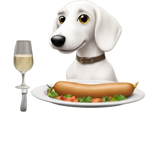 White sausage dog at table eating dinner emoji