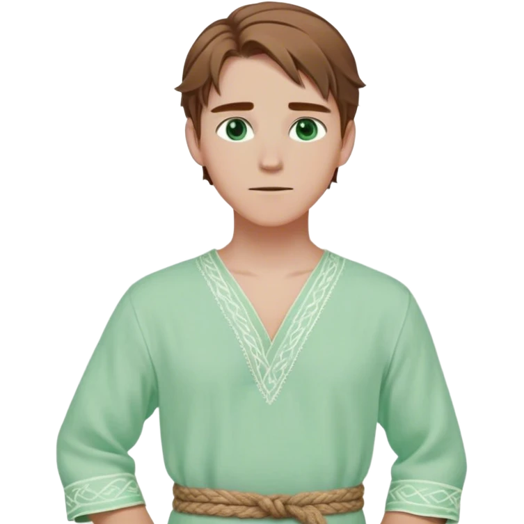 Medieval spring outfit worn by a DnD themed fantasy male character. Pale mint cotton tunic with delicate ivory embroidery at the cuffs, wrapped with a braided jute belt. Clothes only above the waist, full waist coverage. The character has no arms. Character is white-skinned with sun-kissed brown hair, sea-glass green eyes, and shoulder-length straight hair with a gentle sweep. emoji