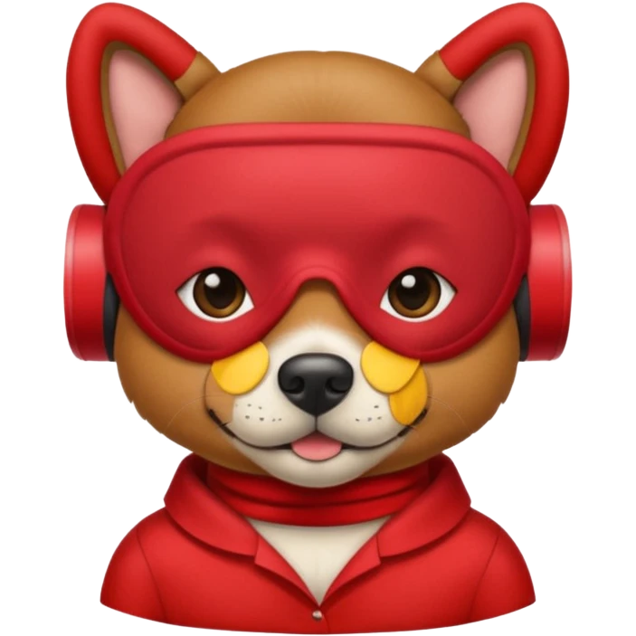a dog with red sleep mask and wearing red shirt emoji