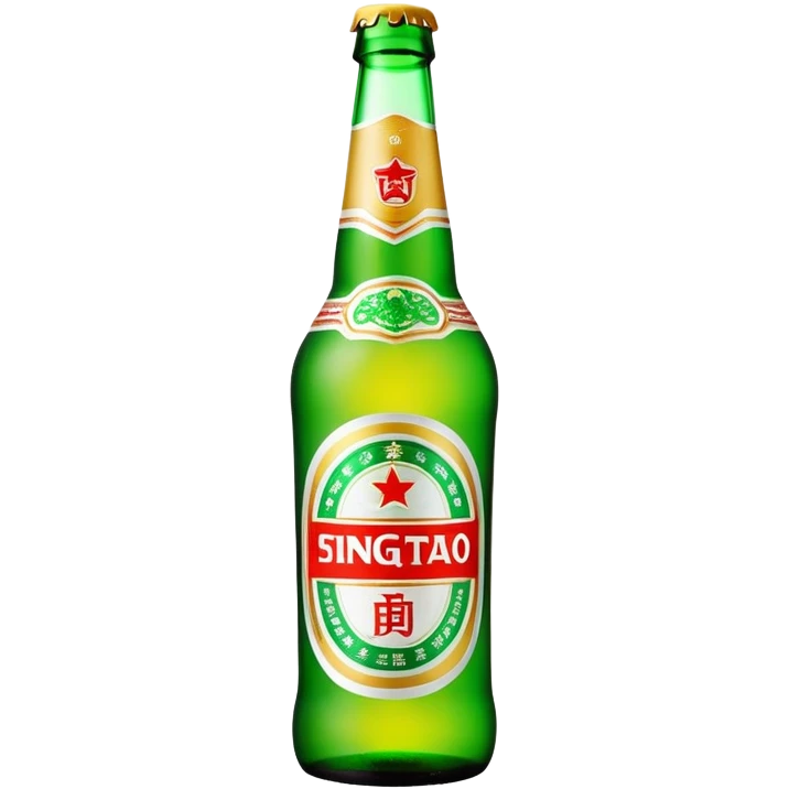 Tsingtao beer bottle, green bottle with iconic label, Chinese beer brand, foam, emoji style emoji