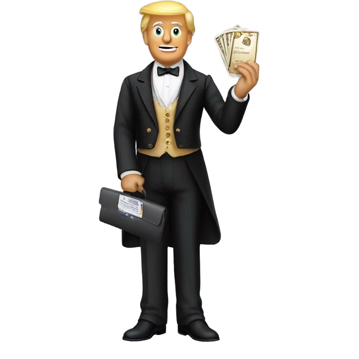 trump waiter Victorian dress elegant full body, holding big credit card emoji