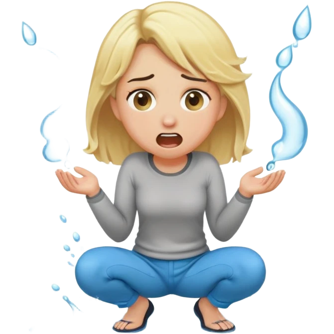 round-faced blond woman kneeling, shocked, playful cartoon stick with D-shaped knob and exaggerated features coming from trousers in front of her face, water jet into her mouth emoji