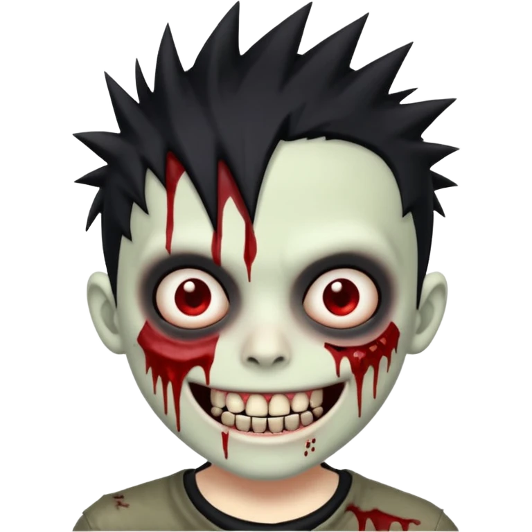 zombie boy with emo spiky hair, white skin, and white eyes; an open smile, and bloodied teeth; emoji